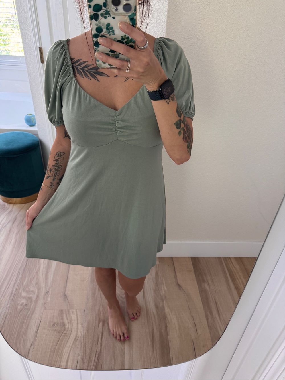 Francesca's Collections Sage Green Puff-Sleeve Mini Dress